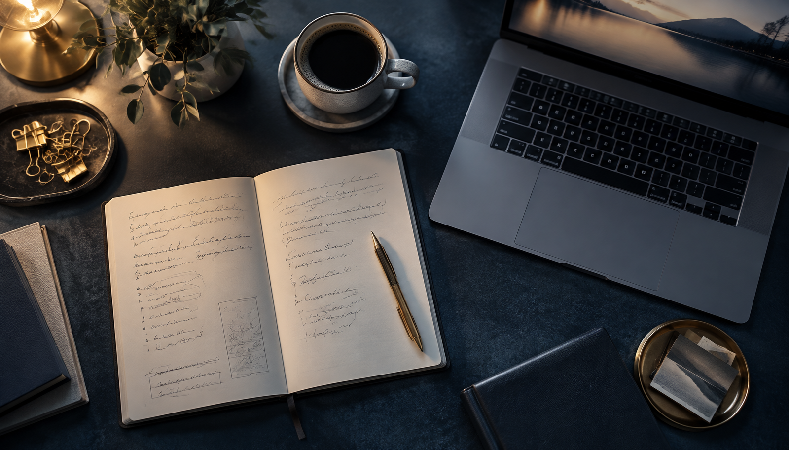 Mesa de trabalho com caderno e rascunhos de títulos para conteúdo