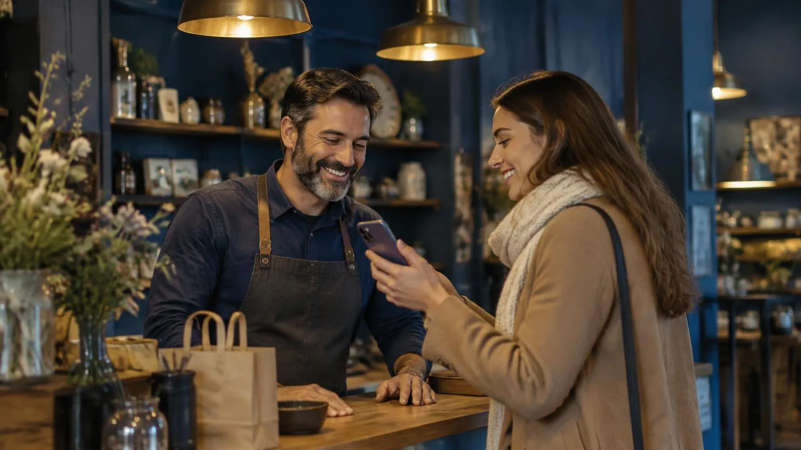 Cliente mostrando avaliação da loja no celular ao dono do comércio