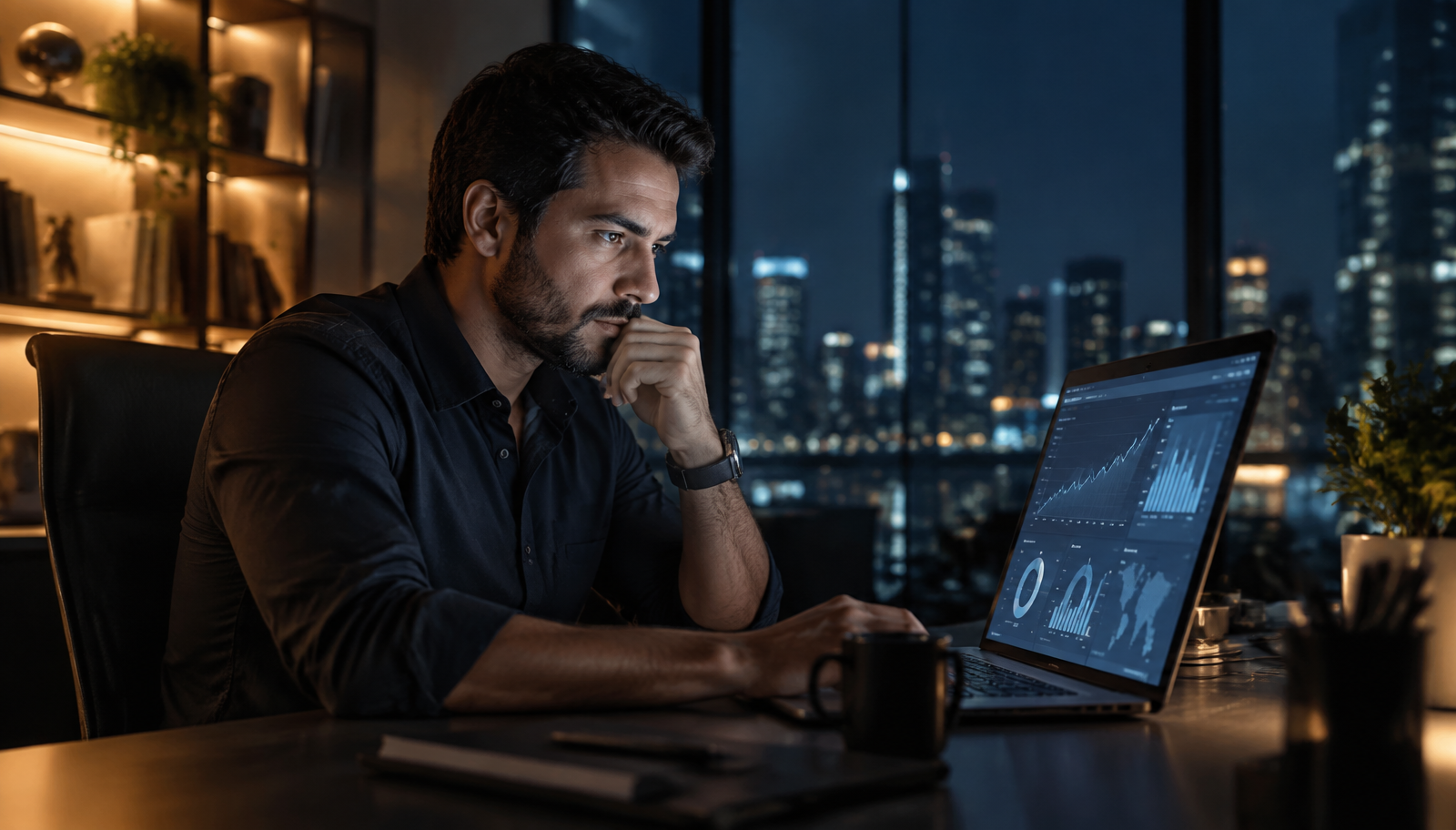 Empreendedor analisando gráficos de vendas do site no notebook